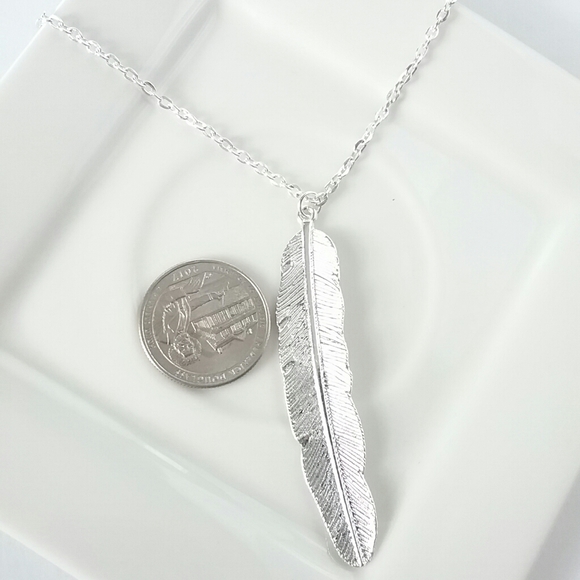 Silver Feather Long Bohemian Necklace - Picture 8 of 9